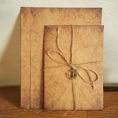 Antique Style Kraft Paper Envelopes Set With Rope And Metal Pendants For Retro Letter Gift Card Packaging