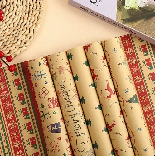 Christmas Wrapping Paper Rolls PE Coated Waterproof With Classic Xmas Patterns For Gift Wrapping DIY Crafts