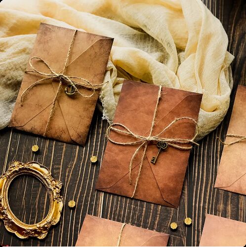 Antique Style Kraft Paper Envelopes Set With Rope And Metal Pendants For Retro Letter Gift Card Packaging