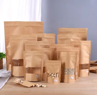 Eco Friendly Kraft Paper Stand Up Pouches Food Grade Resealable Clear Window Storage Bags for Snacks Coffee Home Kitchen